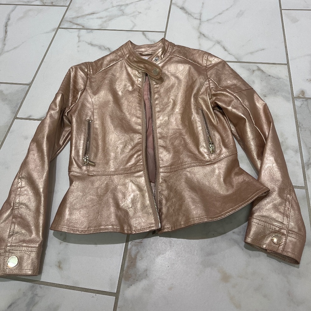 Mayoral Kids Size 8 Faux Leather Rose Gold Motto Jacket